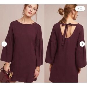 Anthropologie Cloth & Stone Tiffany Bell Sleeve Purple‎ Burgundy Dress Size PM